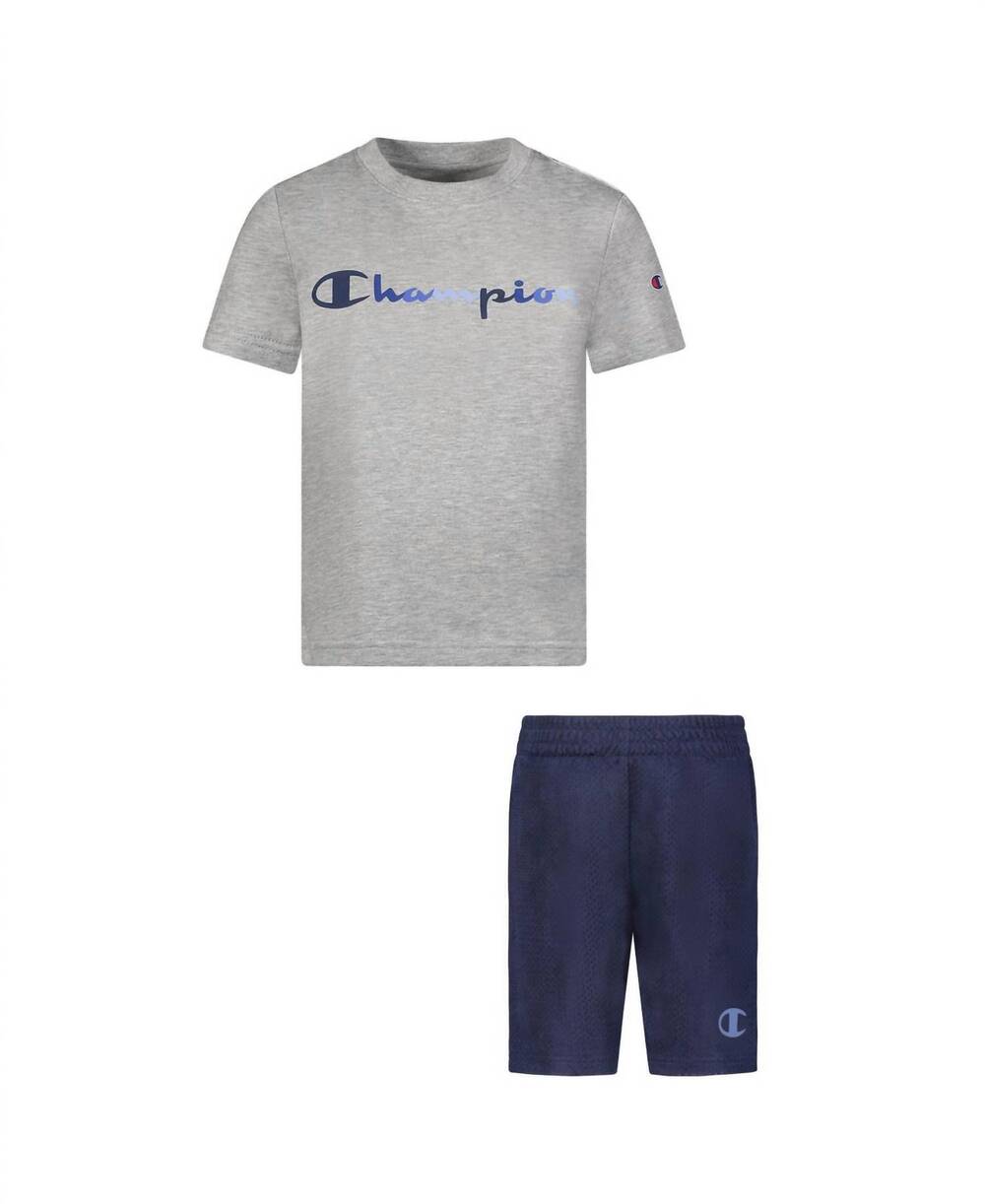 NEW CHAMPION toddler boys tonal script short sleeve tee and short set in oxford